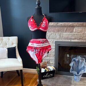 COCOSHIP Red Floral Bikini Set